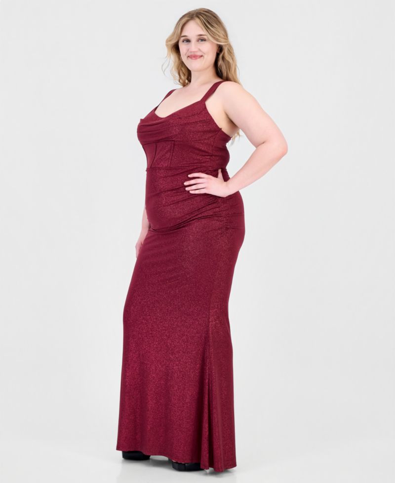 Plus Size Glitter Knit Drape Front Long Cowl Neck Dress