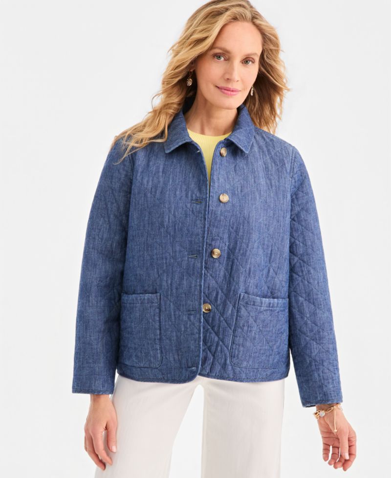 Petite Long-Sleeve Quilted Button-Front Closure Collared Jacket