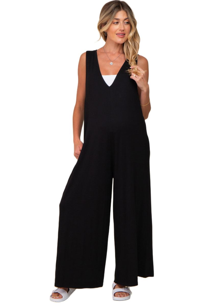 Women's Black Deep V Sleeveless Wide Leg Jumpsuit