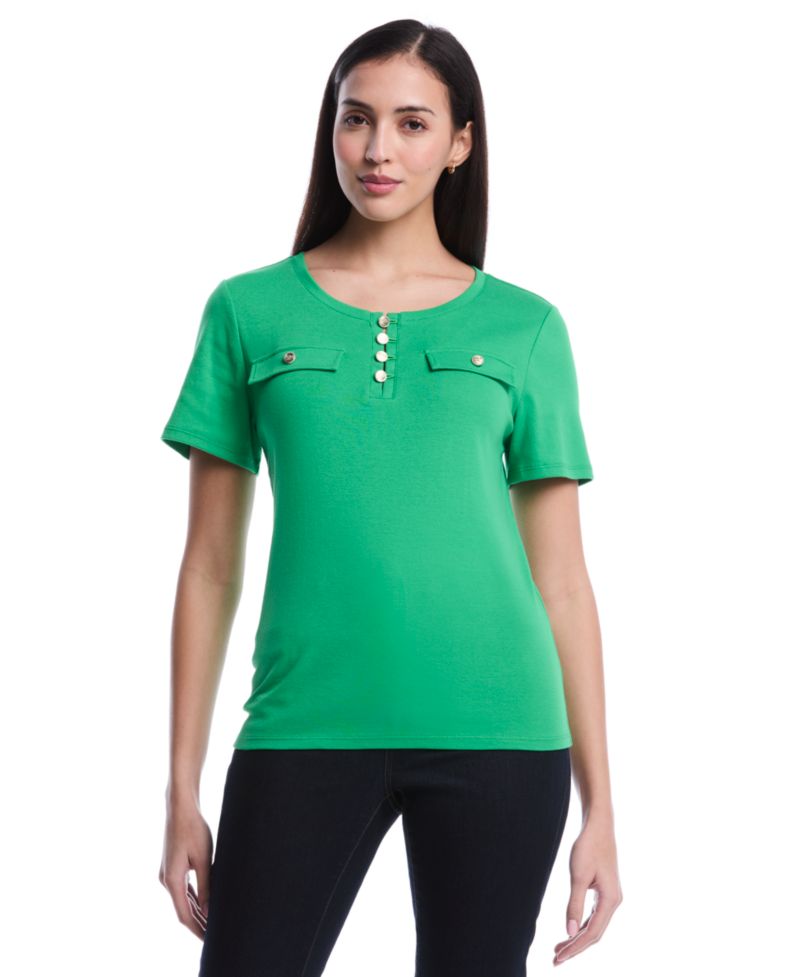 Petite Welt Pocket Button Detail Short-Sleeve Top