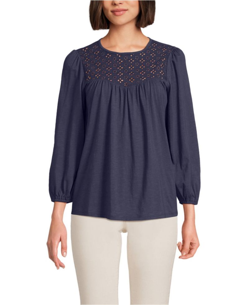 Women's 3/4 Sleeve Eyelet Mix Flowy Top