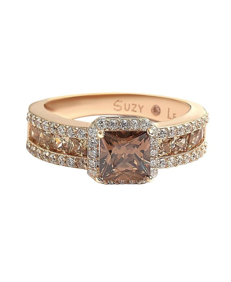 Suzy Levian Sterling Silver Cubic Zirconia Asscher Cut Brown Center Stone Ring