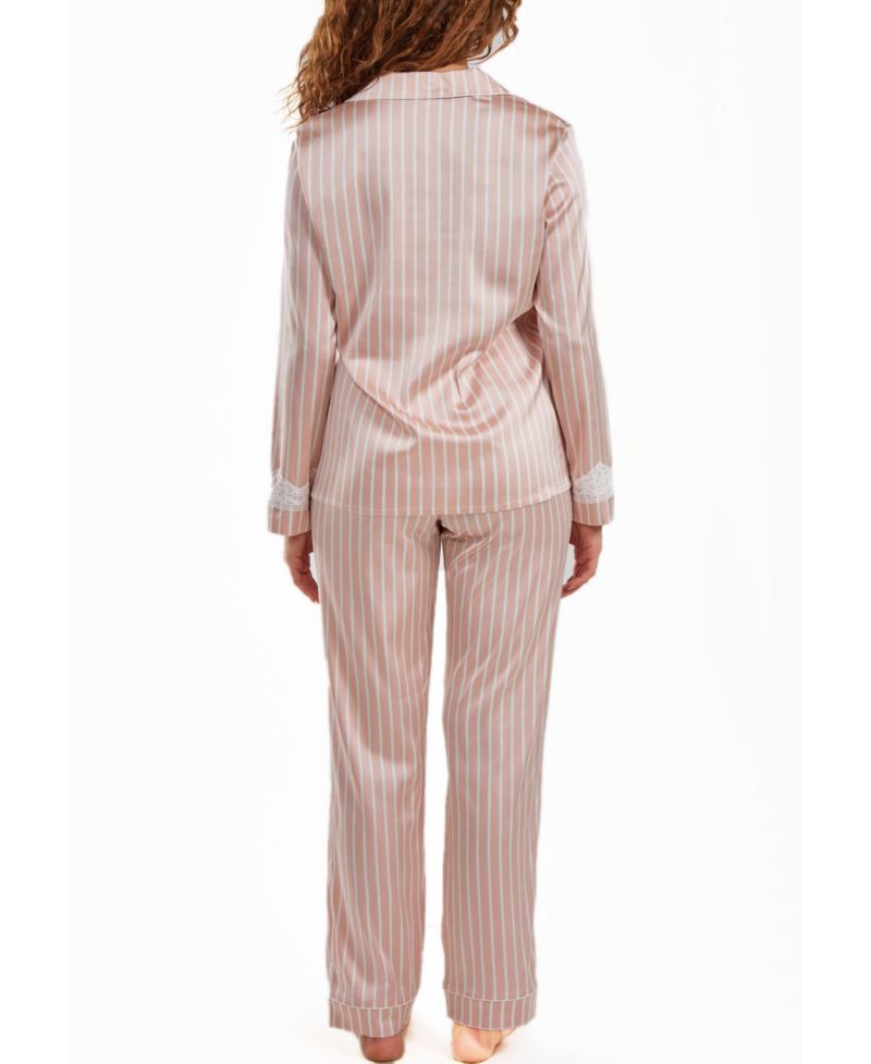 Brillow Plus Size Satin Striped Button Down Pajama Pant Set, 2 Piece