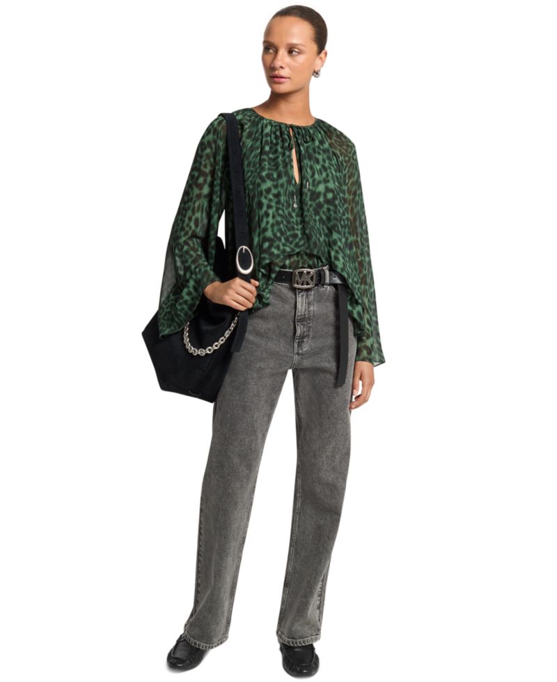 Women's Long-Sleeve Leopard-Print High-Low Blouse