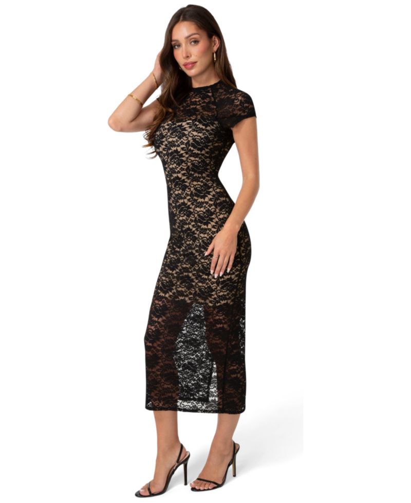 Women's Floral-Lace Cap-Sleeve Midi Dress