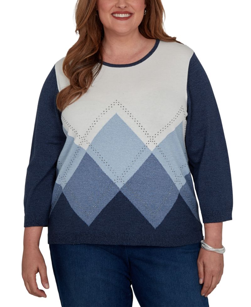 Plus Size Argyle Beaded 3/4-Sleeve Cotton-Blend Sweater