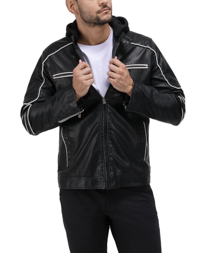 XRAY Men's Grainy PU Moto Jacket With Hood and Faux Shearling Lining