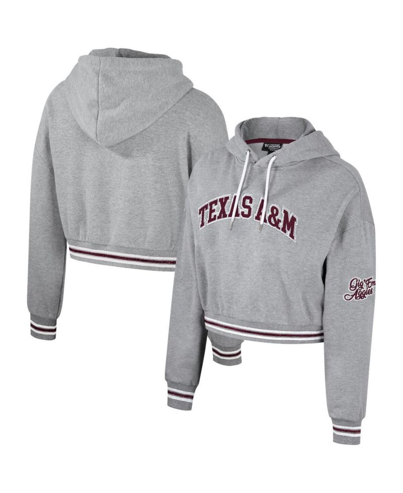 Women's Heather Gray Distressed Texas A&M Aggies Cropped Shimmer Pullover Hoodie