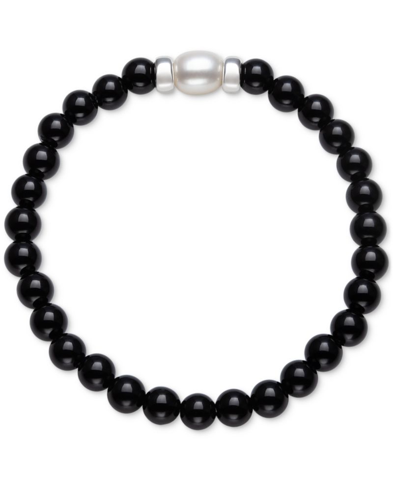Onyx & Cultured Freshwater Pearl (7-8mm) Stretch Bracelet in Sterling Silver (Also in Rose Quartz)