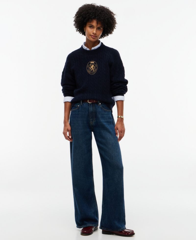 Women's Cable-Knit Crewneck Embroidered Crest Sweater