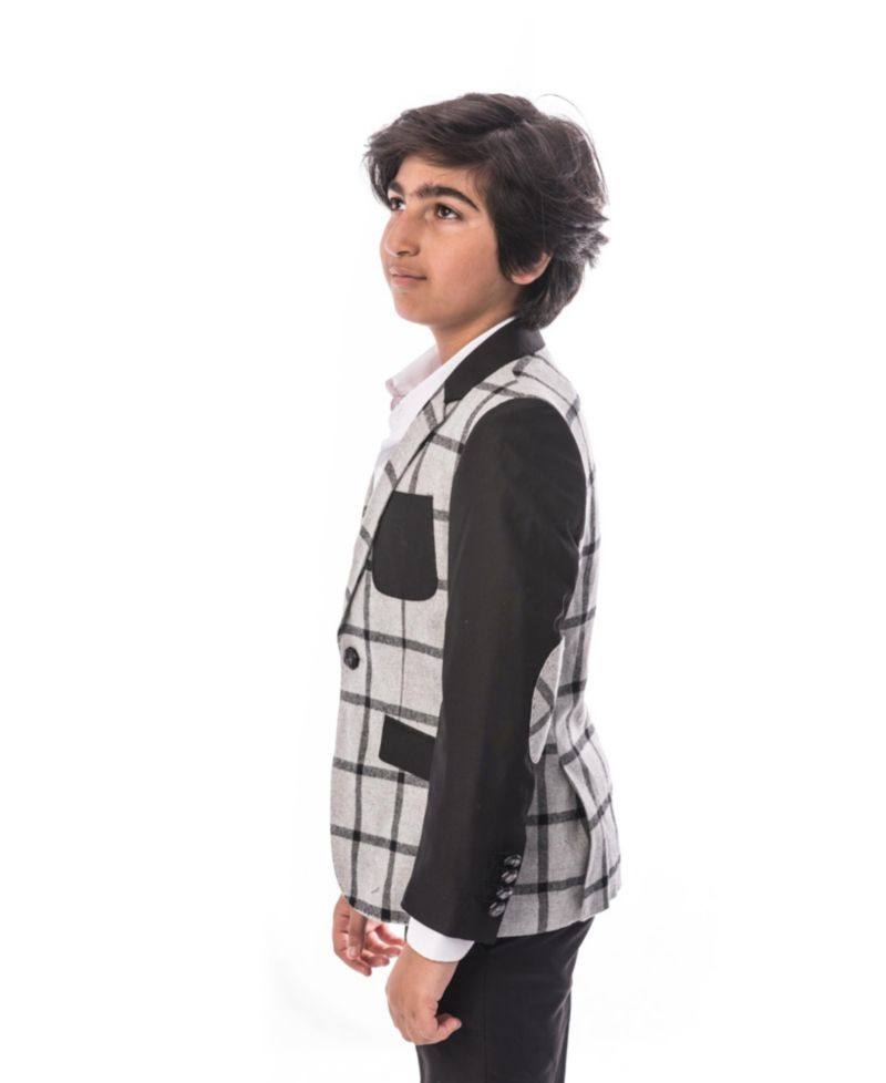 Boys Grey Slim Fit Windowpane Plaid Blazer