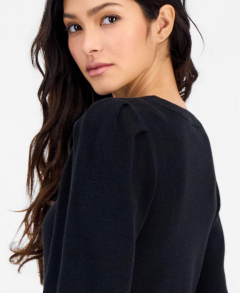 Women's Petite Puff-Sleeve Crewneck Sweater