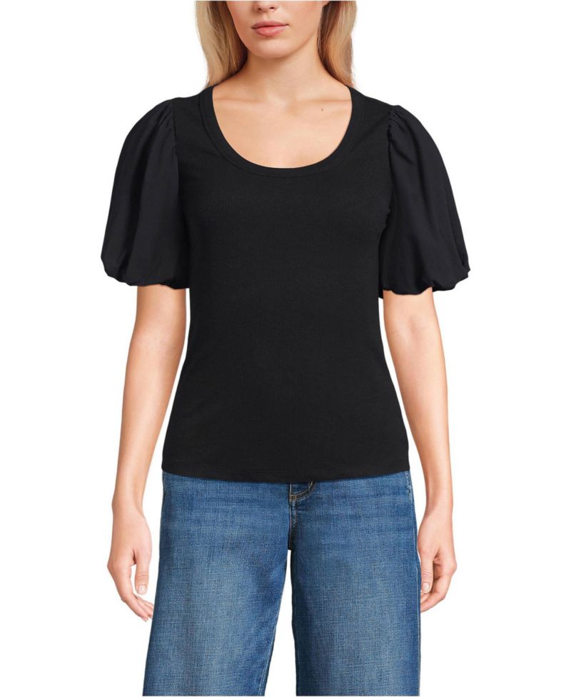Women's Petite Drapey Rib Puff Sleeve Scoop Neck Top