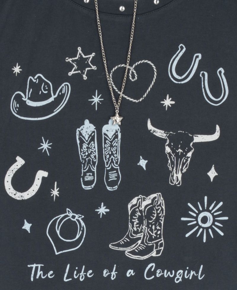 Girls' 7-20 Graphic Fringe Cropped T-Shirt, Skirt, and Necklace, 3-Piece Set