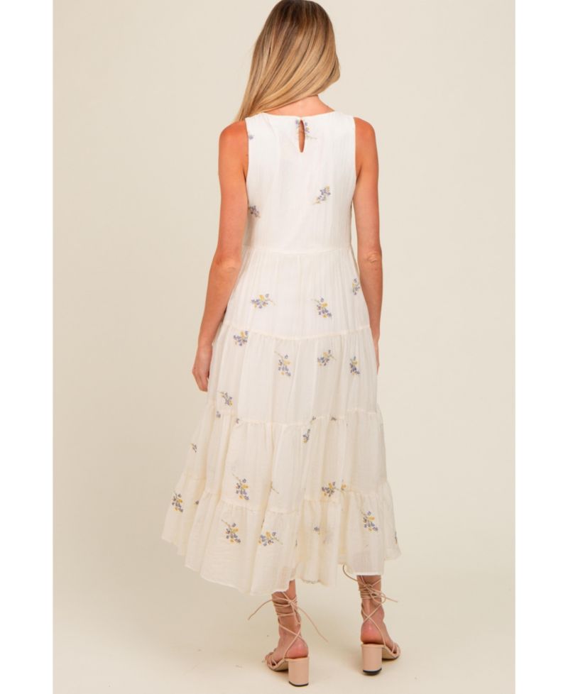 Women's Lavender Ditsy Floral Embroidered V Neck Tiered Dress