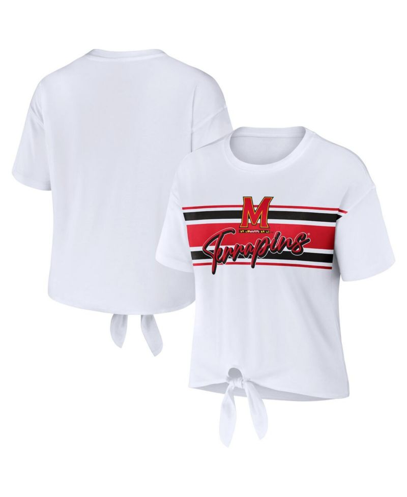 Women's White Maryland Terrapins Striped Front Knot Cropped T-Shirt
