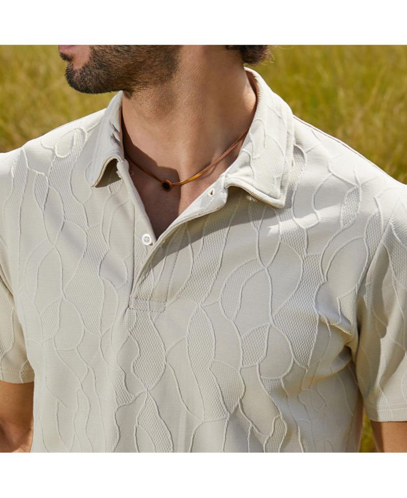 Men's Cream White Veined-Tactile Polo T-Shirt