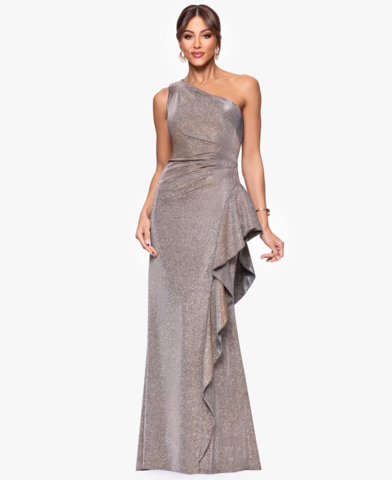 Petite Glitter Knit One-Shoulder Gown