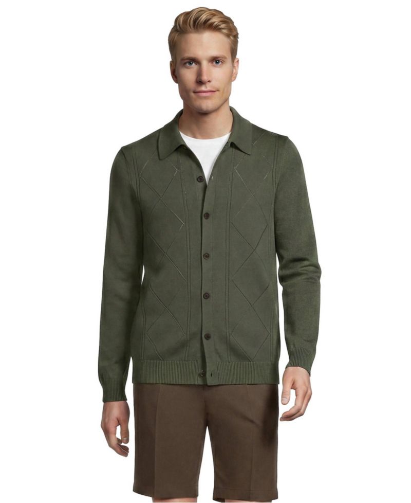 Men's Long Sleeve Fine Gauge Cotton Pointelle Argyle Cardigan