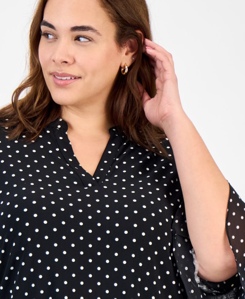 Plus Size Dot-Print Flutter-Sleeve Blouse