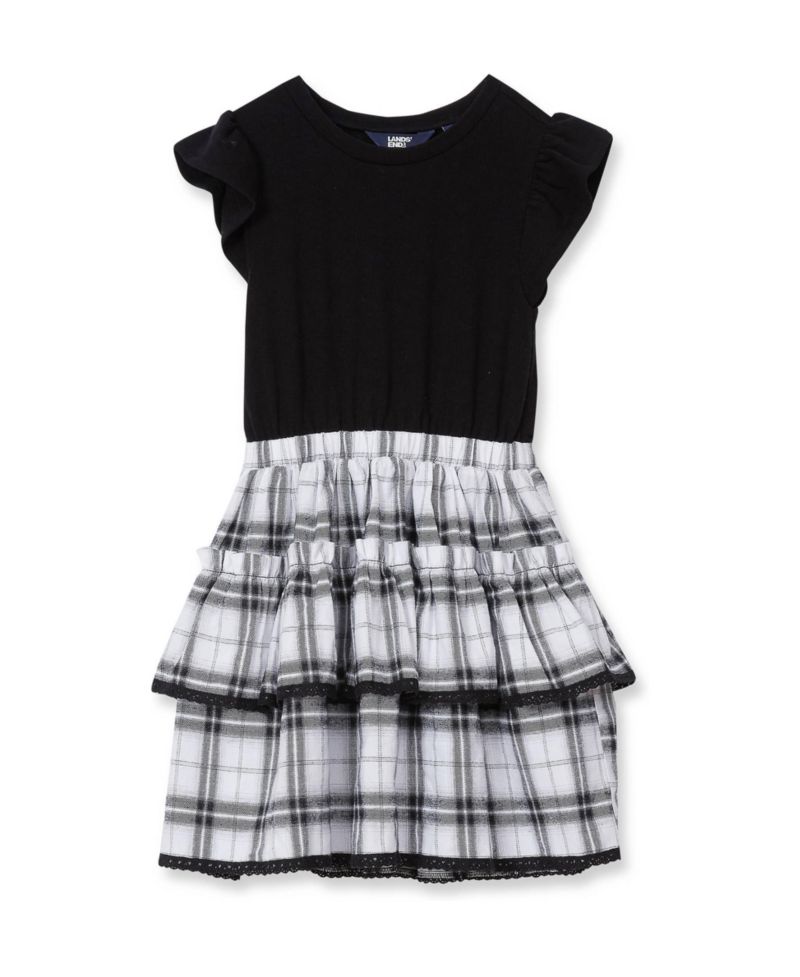 Girls' 4-16 Short-Sleeve Plaid Mixed-Media Dress