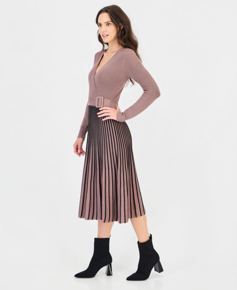 Petite Two-Tone Belted Sweater Dress