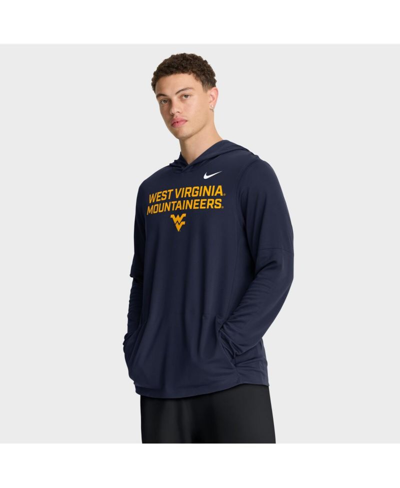 Men's Navy West Virginia Mountaineers 2025 Sideline Performance Long Sleeve Hoodie T-Shirt