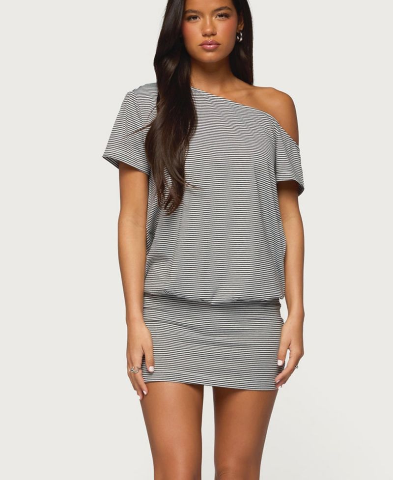 Women's Striped Off Shoulder Cutout Mini Dress