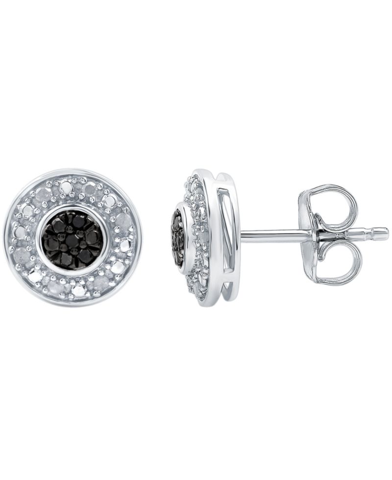 Black Diamond (1/20 ct. t.w.) & White Diamond (1/10 ct. t.w.) Halo Cluster Stud Earrings in Sterling Silver
