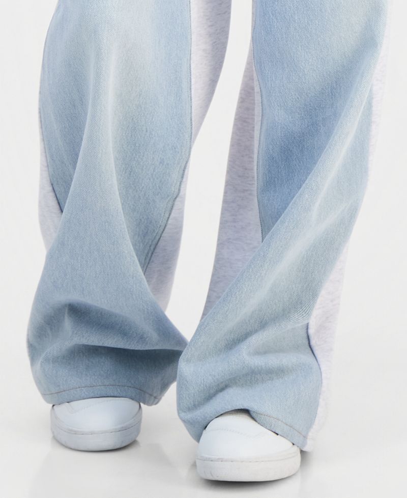 Juniors' Mixed-Media Wide-Leg Sweatpant Jeans