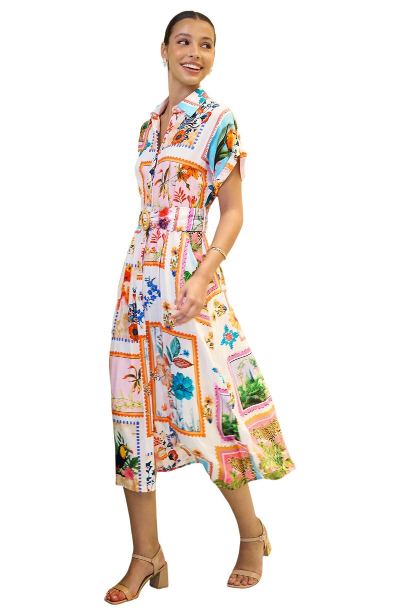 Women's Tropical Postcard Print Midi Shirt Dress