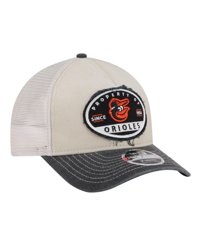 Men's Light Beige/Black Baltimore Orioles Frayed M-Crown A-Frame 9FORTY Trucker Adjustable Hat