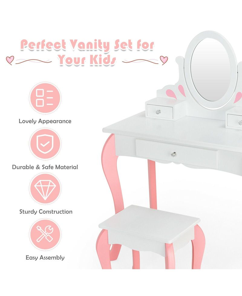 Kids Vanity Princess Makeup Dressing Table Stool Set with Mirror and Drawer