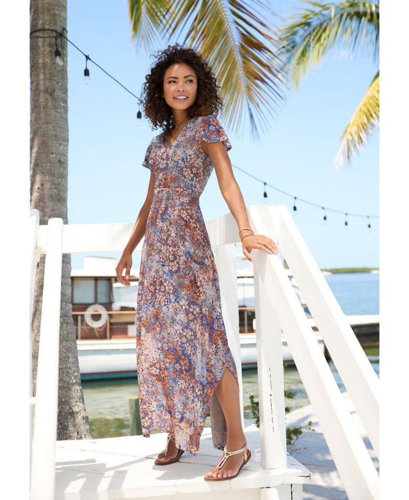 Women's Viscose Floral Print A-Line V-Neck Smocked-Waist Maxi Dress