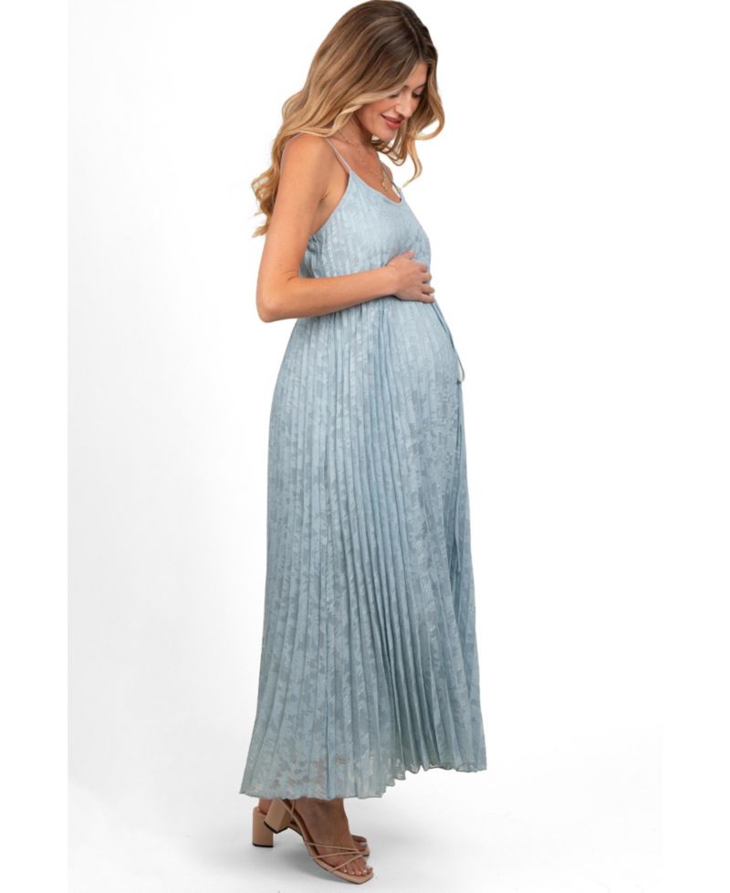Women's Light Blue Floral Pleated Maxi Dress