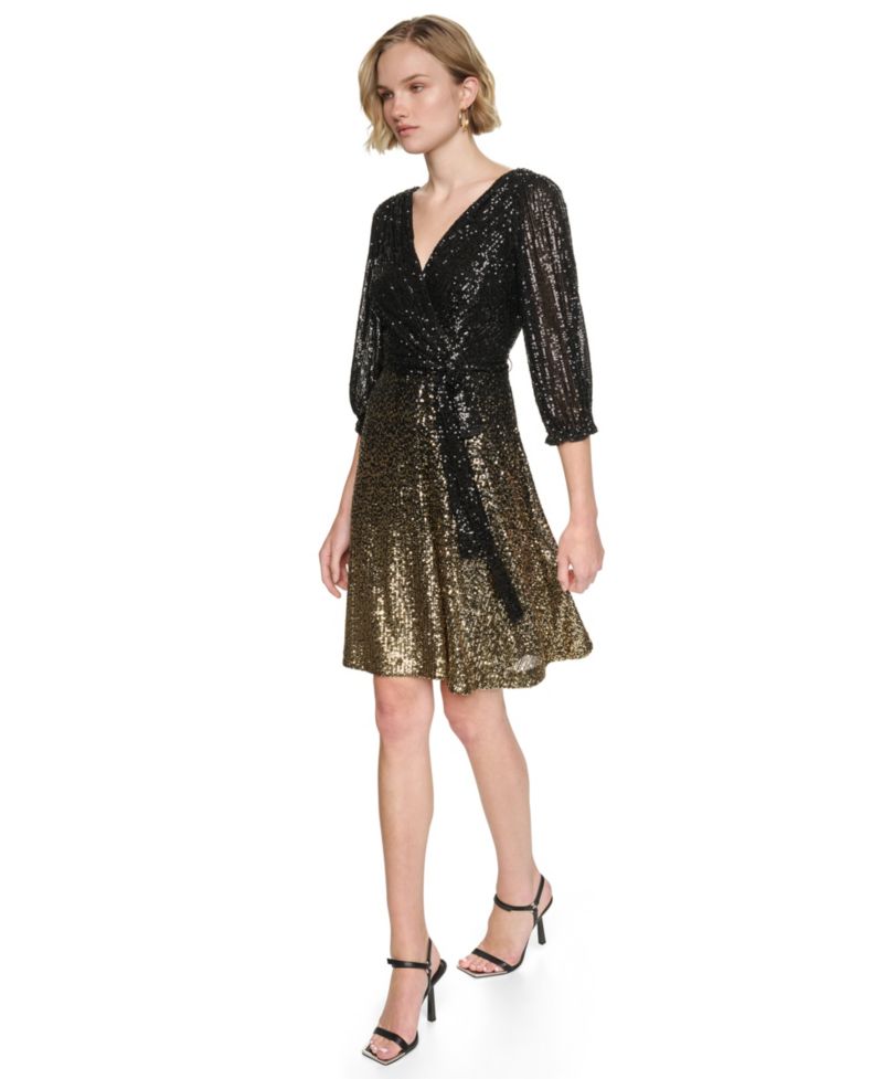 Women's Ombre Sequin Wrap 3/4 Balloon-Sleeve V-Neck Dress