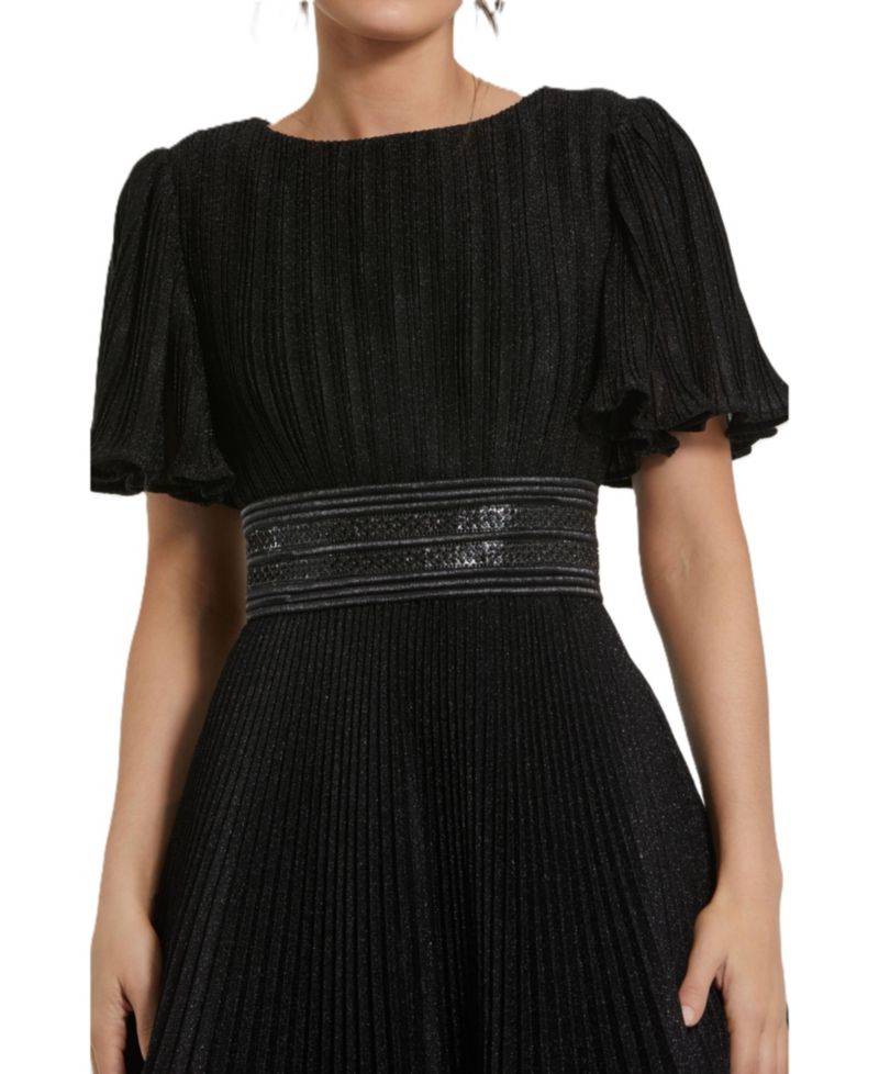 Women's Pleated Shimmering Georgette Flutter Sleeve Gown