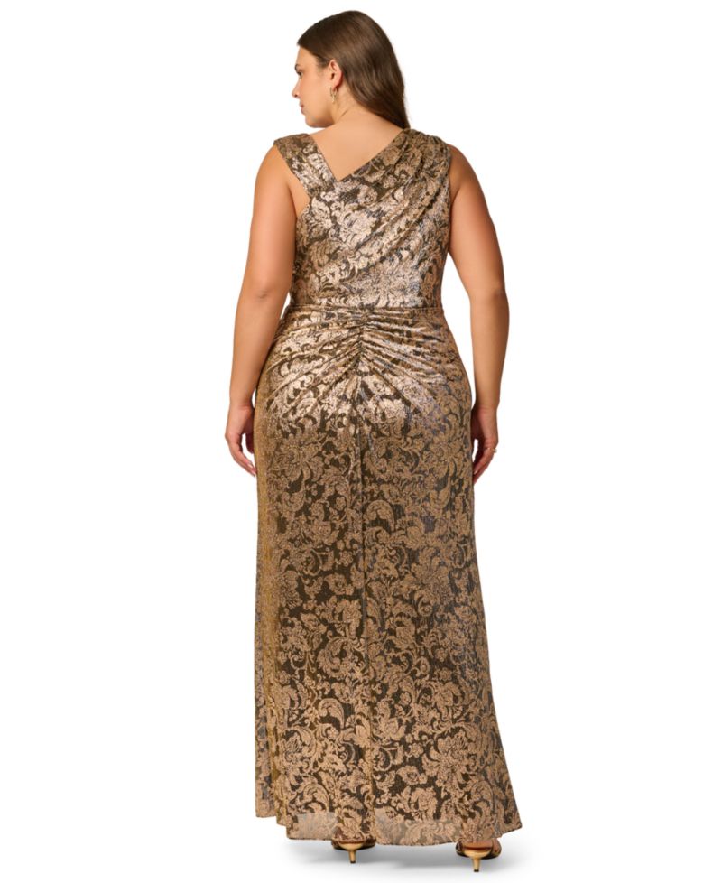 Plus Size Metallic-Crinkle Asymmetrical Floral Gown