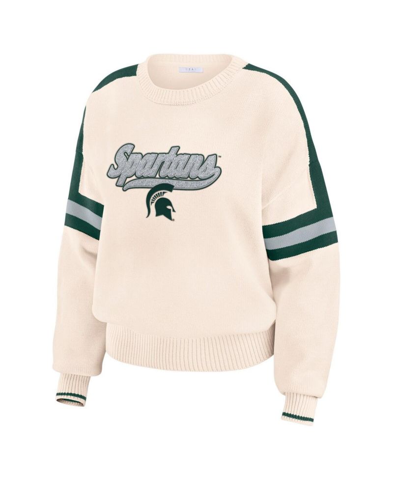 Women's Cream Michigan State Spartans Chenille Woven Patch Stripe Pullover Sweater