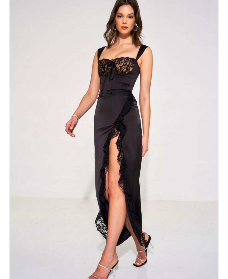 Women's Freddie Black Lace Satin Maxi Corset Dress