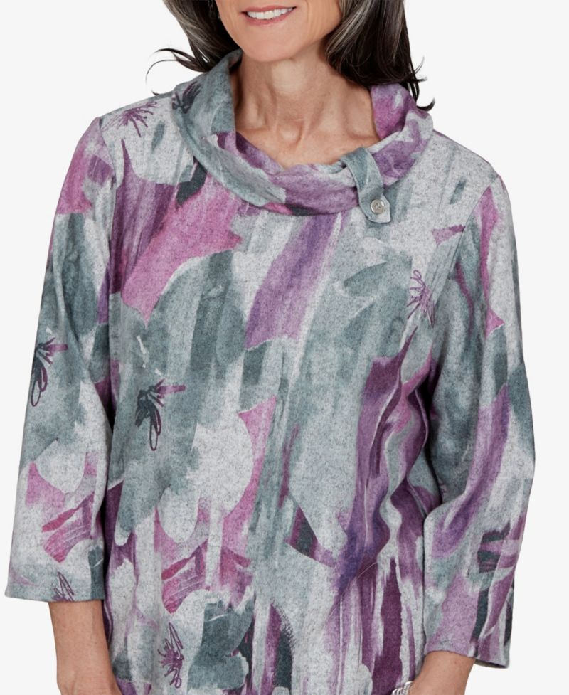 Petite Floral-Print Cowl Neck 3/4-Sleeve Tunic Top