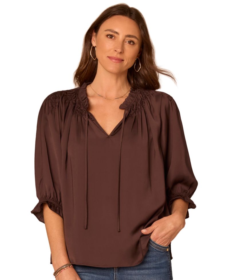 Women's Petite 3/4-Sleeve Split-Neck Honeycomb-Embroidered Blouse
