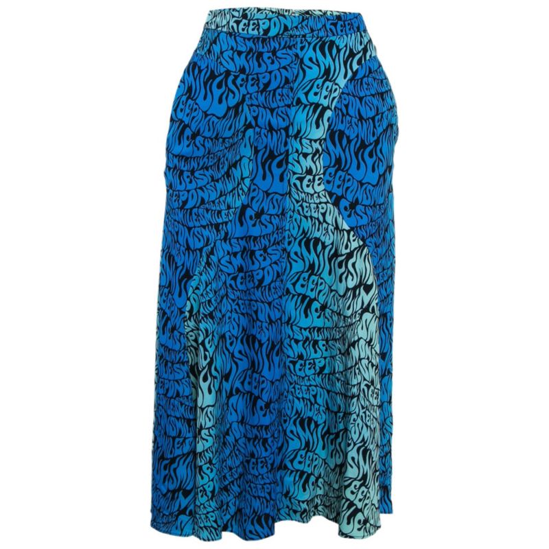 Women's Blue Printed Crepe De Chine Midi Skirt