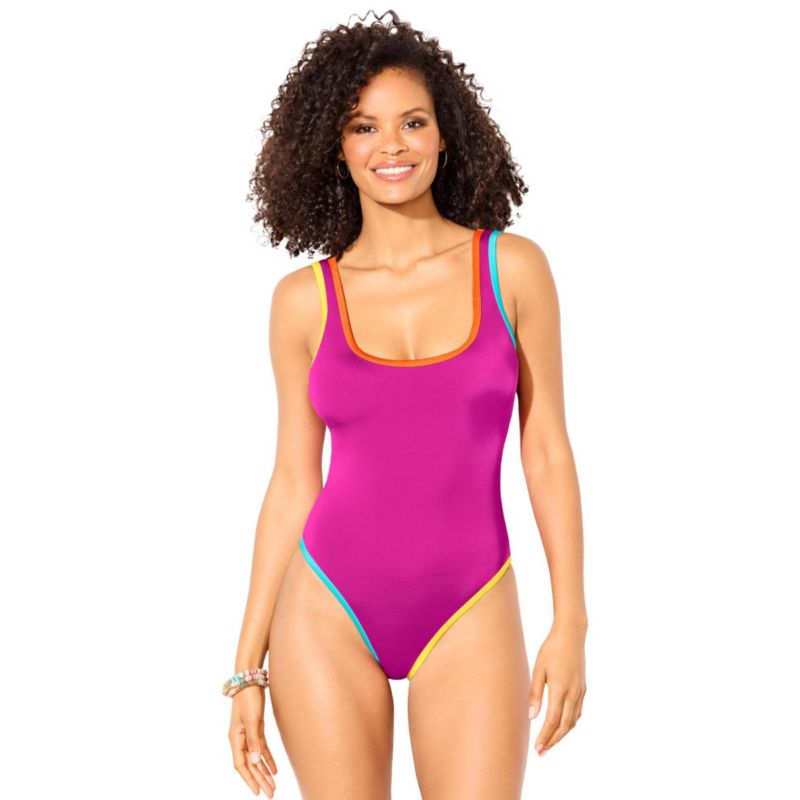 Women's Shimmer Trim Square Neck One Piece Swimsuit