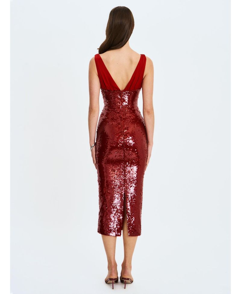 Women's Shanelle Crimson Sequin Plunging Midi Dress