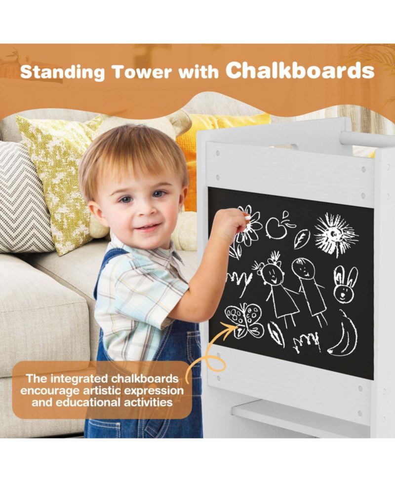 Toddler Kitchen Step Stool with Activity Chalkboard Adjustable Height & Safety Rail