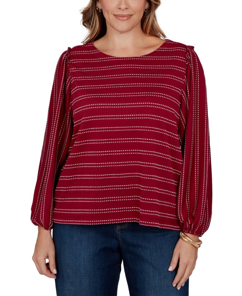 Plus Size Dobby Stripe Long-Sleeve Boat Neck Blouse