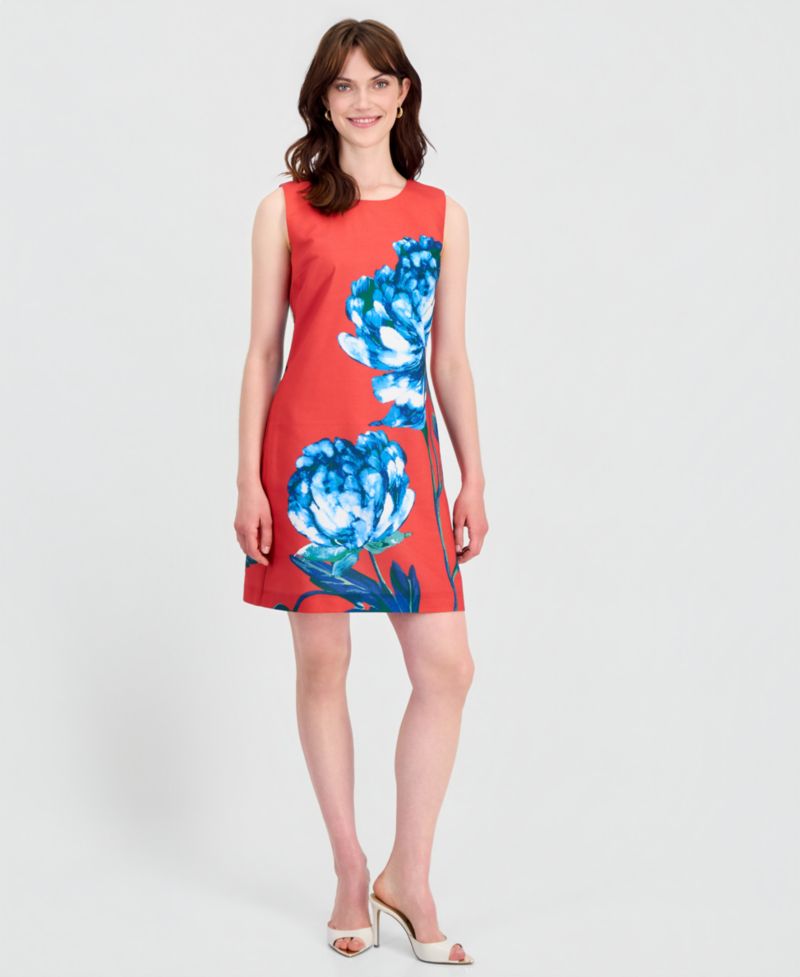 Petite Big Flower Print Round Neck Sheath Dress