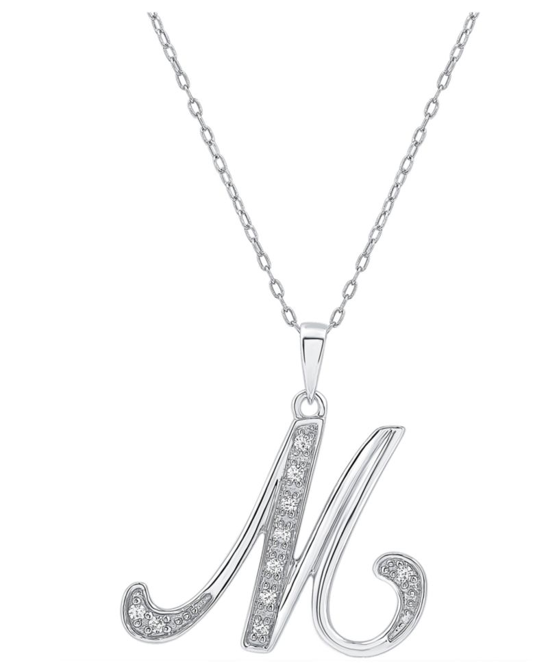 Diamond M Initial 18" Pendant Necklace (1/10 ct. t.w.) in Sterling Silver