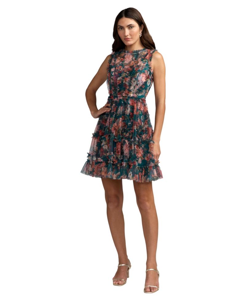 Women's High-Neck Floral-Print A-Line Mini Dress
